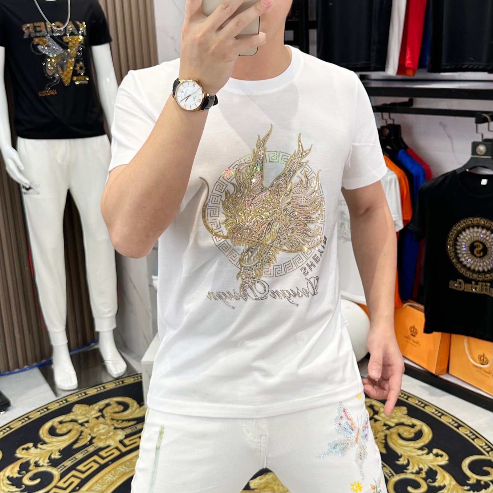 New Men Fashion Trend Dragon Diamond Rhinestone Streetwear Summer Luxury T-Shirt gallery
