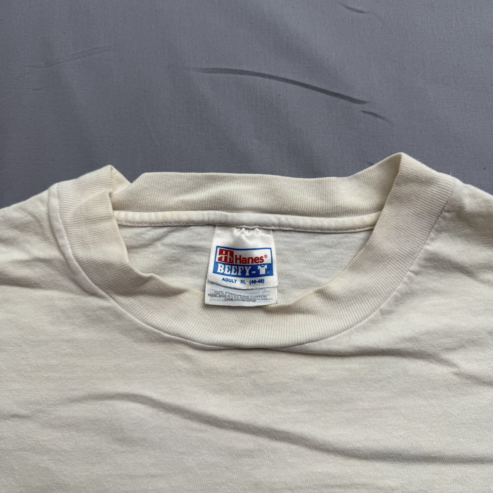 Hanes Beefy-T Vintage 90s Double-Sided Graphic Beige Unisex T-Shirt XL gallery