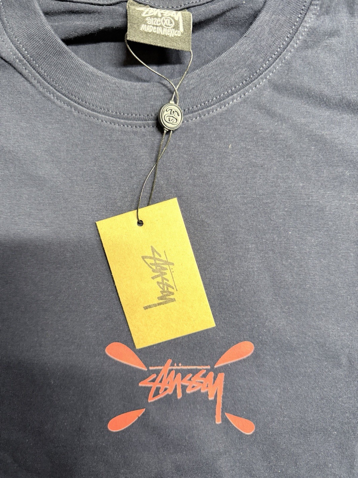 Stussy Shirt Paint Design Spell out Size XL Navy NWT Double Sided Streetwear