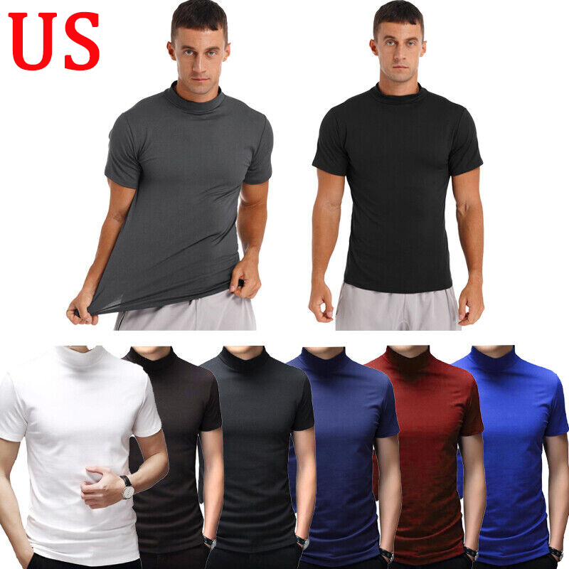 US Mens Mock Turtleneck T-shirts Pullover Short Sleeve Slim Fit Top Undershirt