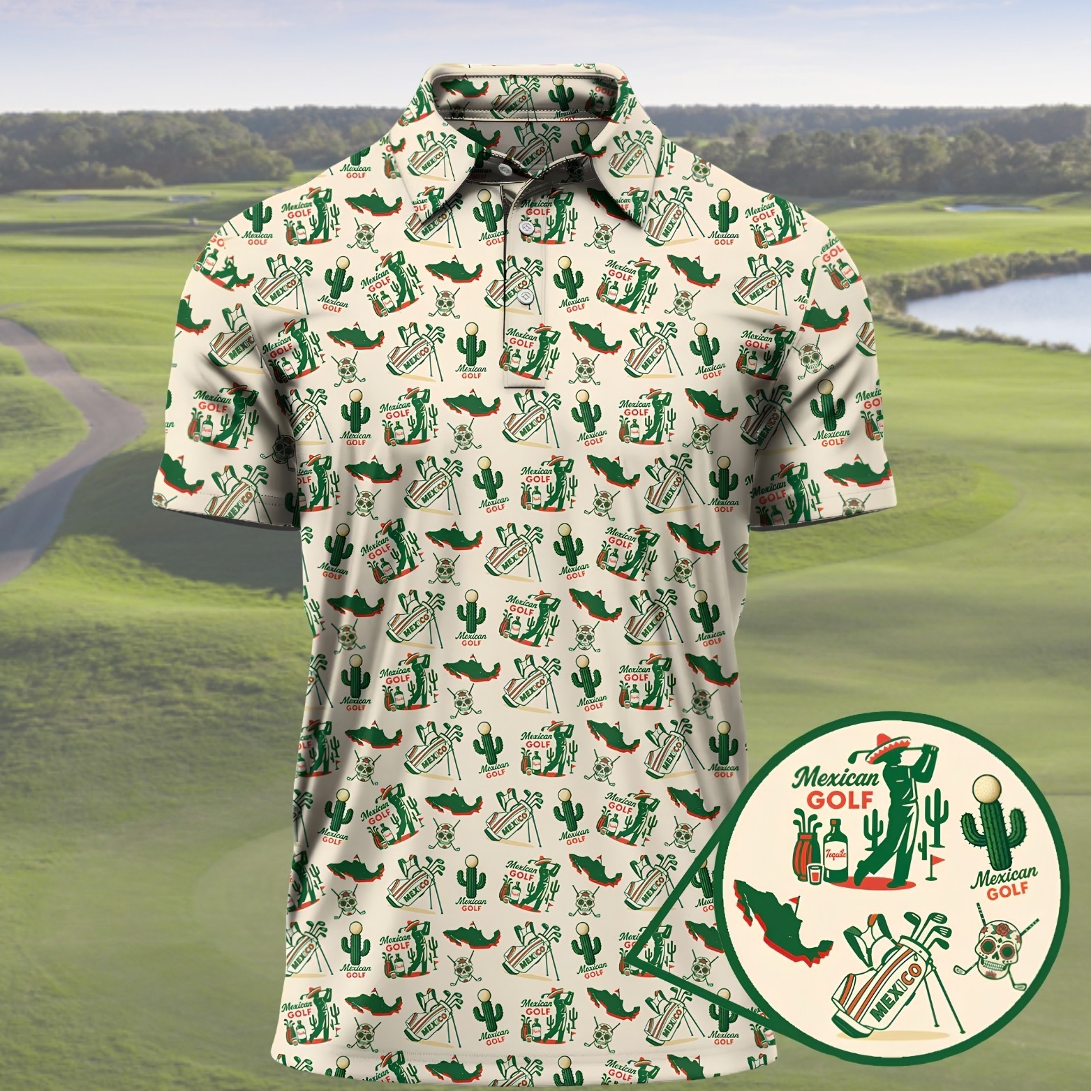Mexican Golf Polo Shirt Men, Cactus Tequila Golfer Gift Dad Father’s Day (S-5XL)