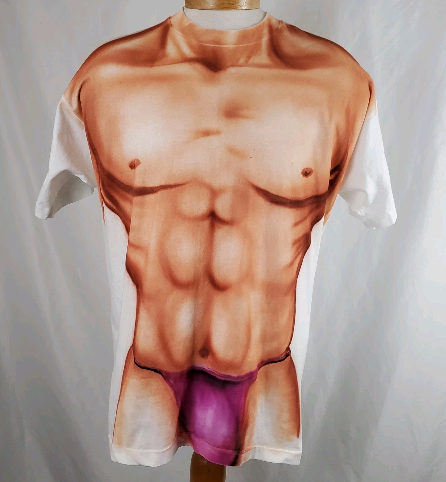 Vintage Fake Six Pack Male Torso T-Shirt XXL White Cotton Poly Single Stitch USA gallery