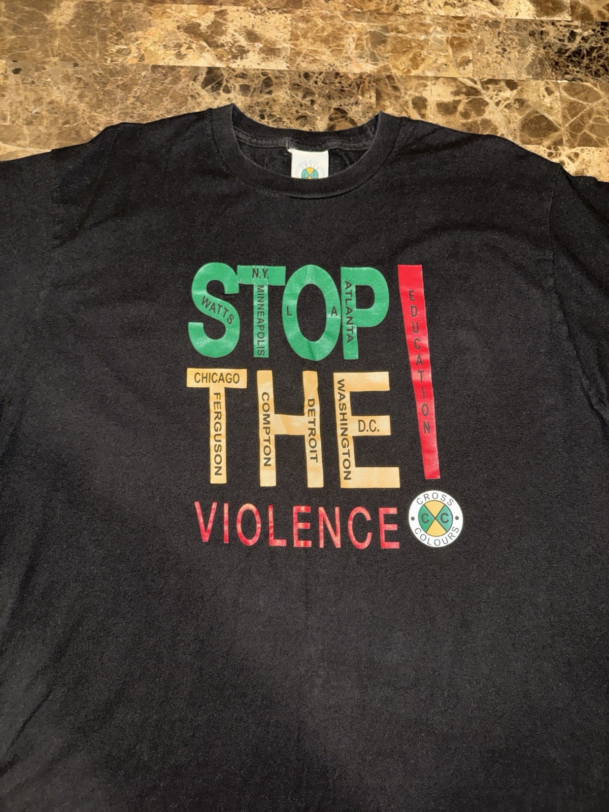 Vtg 90s Cross Colours Hip Hop Rap T-Shirt XL PEACE Stop the Violence RARE gallery