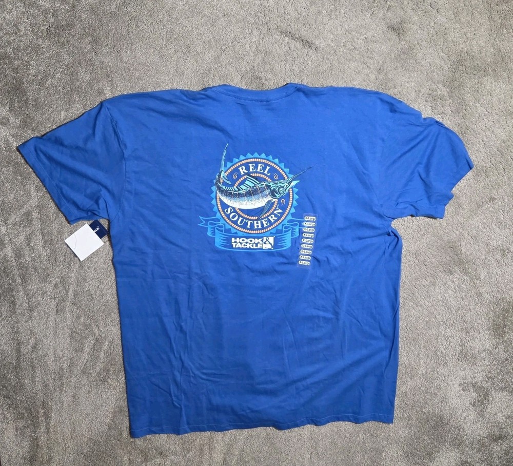 New Hook & Tackle Size XL Graphic T-Shirt Blue Short Sleeve Reel Southern Marlin