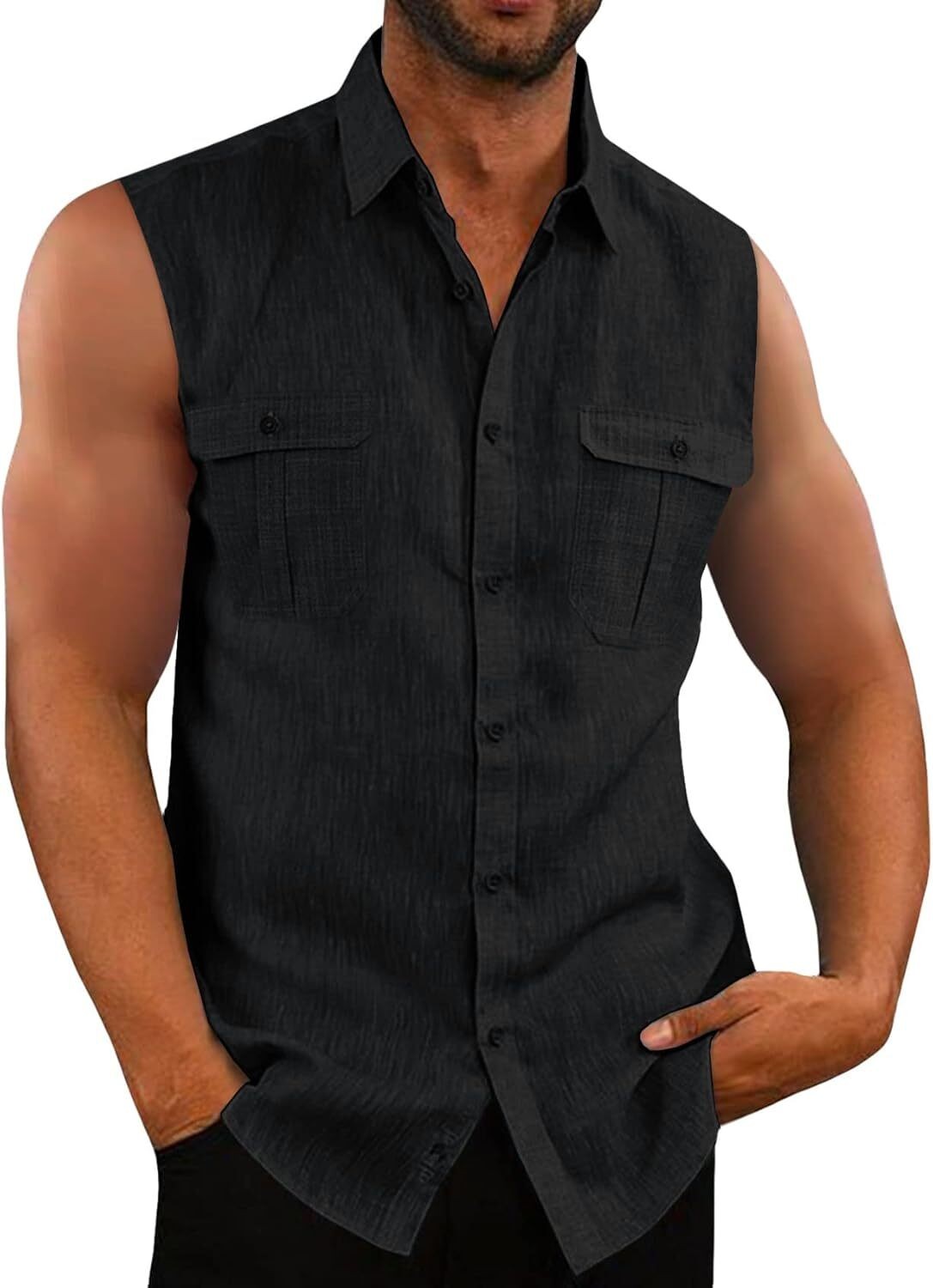 Mens Linen Cotton Sleeveless Button Down Shirt Summer Beach Casual Top gallery