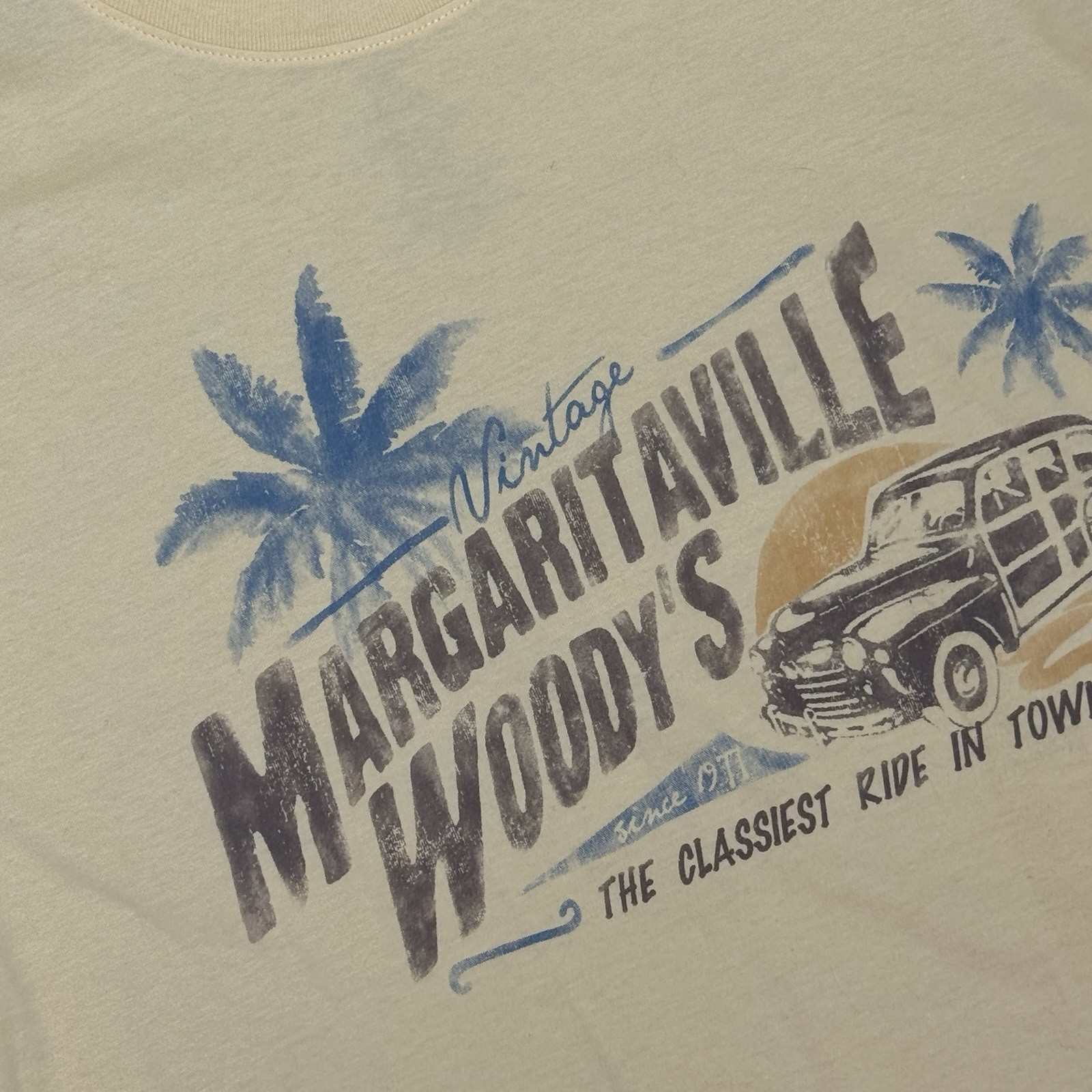 Margaritaville Tee Shirt Men’s Large Pale Yellow Tropical Woody Wagon Cotton gallery