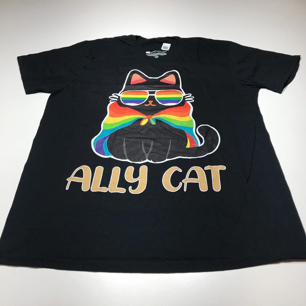 NWOT Ally Cat Graphic Rainbow Pride Short Sleeve Black Crew T-Shirt Mens Size XL