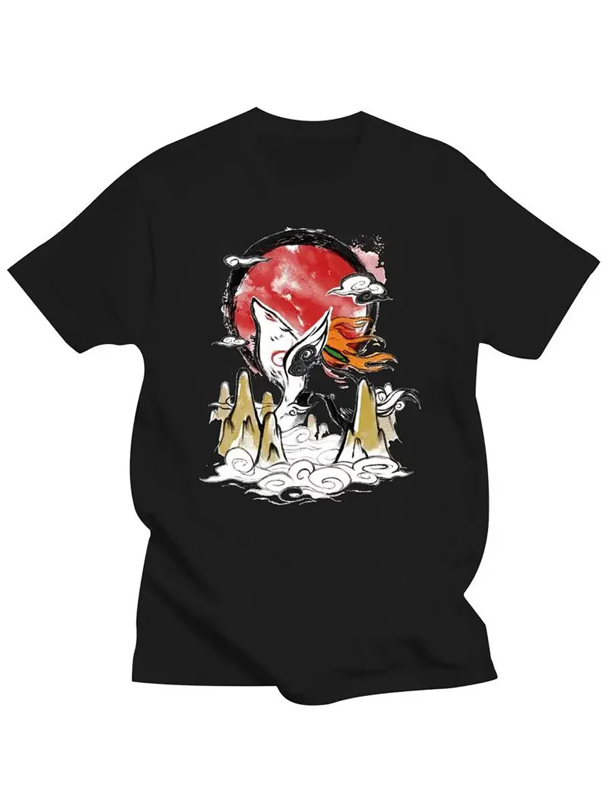 Okami Amaterasu Sun Motif T-Shirt, 100% Cotton, Casual Crew Neck, Slight Stretch