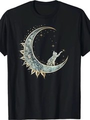 [1pc Cotton T-Shirt] 1pc 100% Cotton Mysterious Aesthetics Cat on Crescent