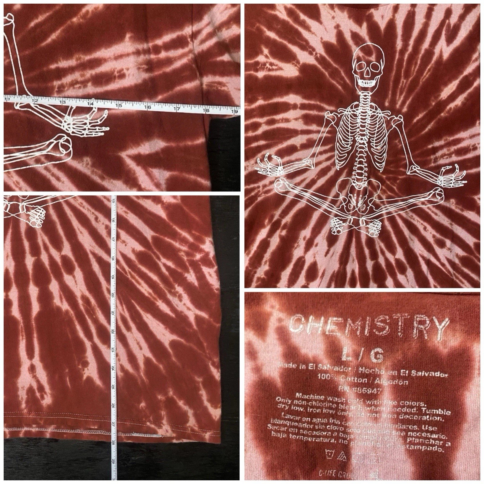 Chemistry Red Tie-Dye Short Sleeve 100% Cotton Tee Namaste Skeleton Yoga Large gallery