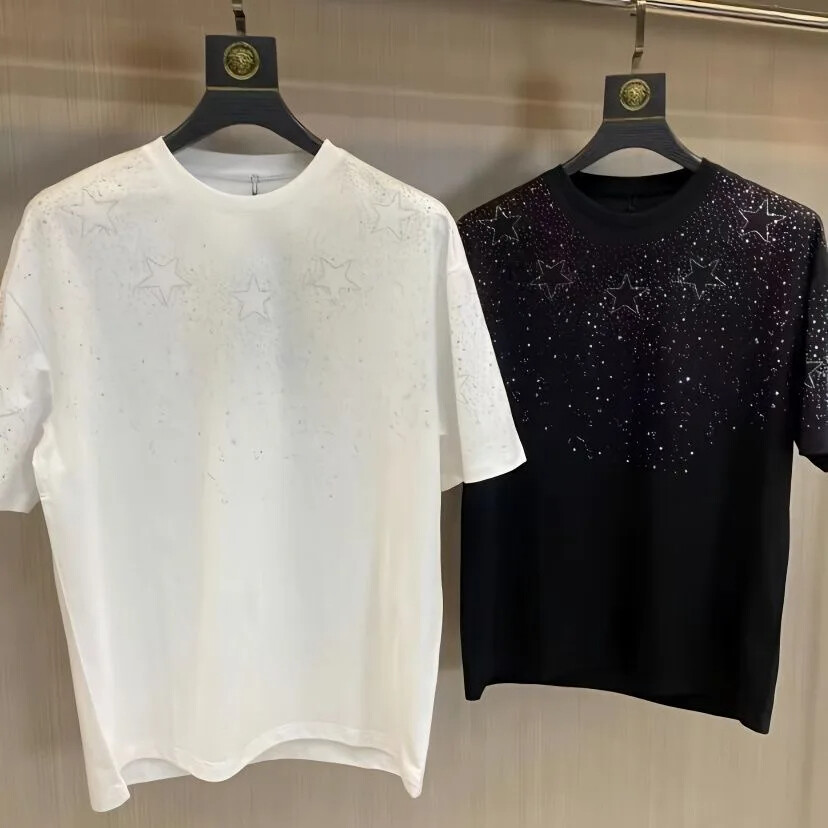 New Men Luxury Diamond Star Rhinestones Fashion Black White T-Shirt High Quality gallery