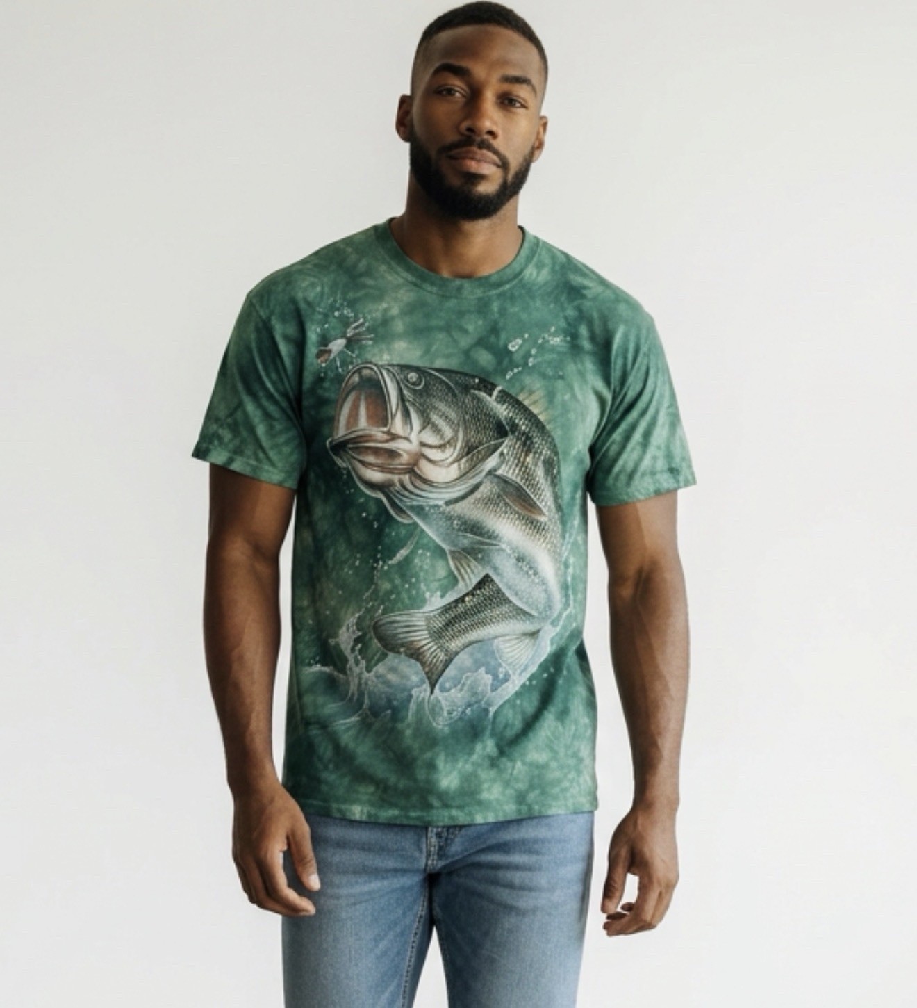 The Mountain Bass Fish Shirt Tie Dye Fishing Graphic Teal/Green Mens Size L