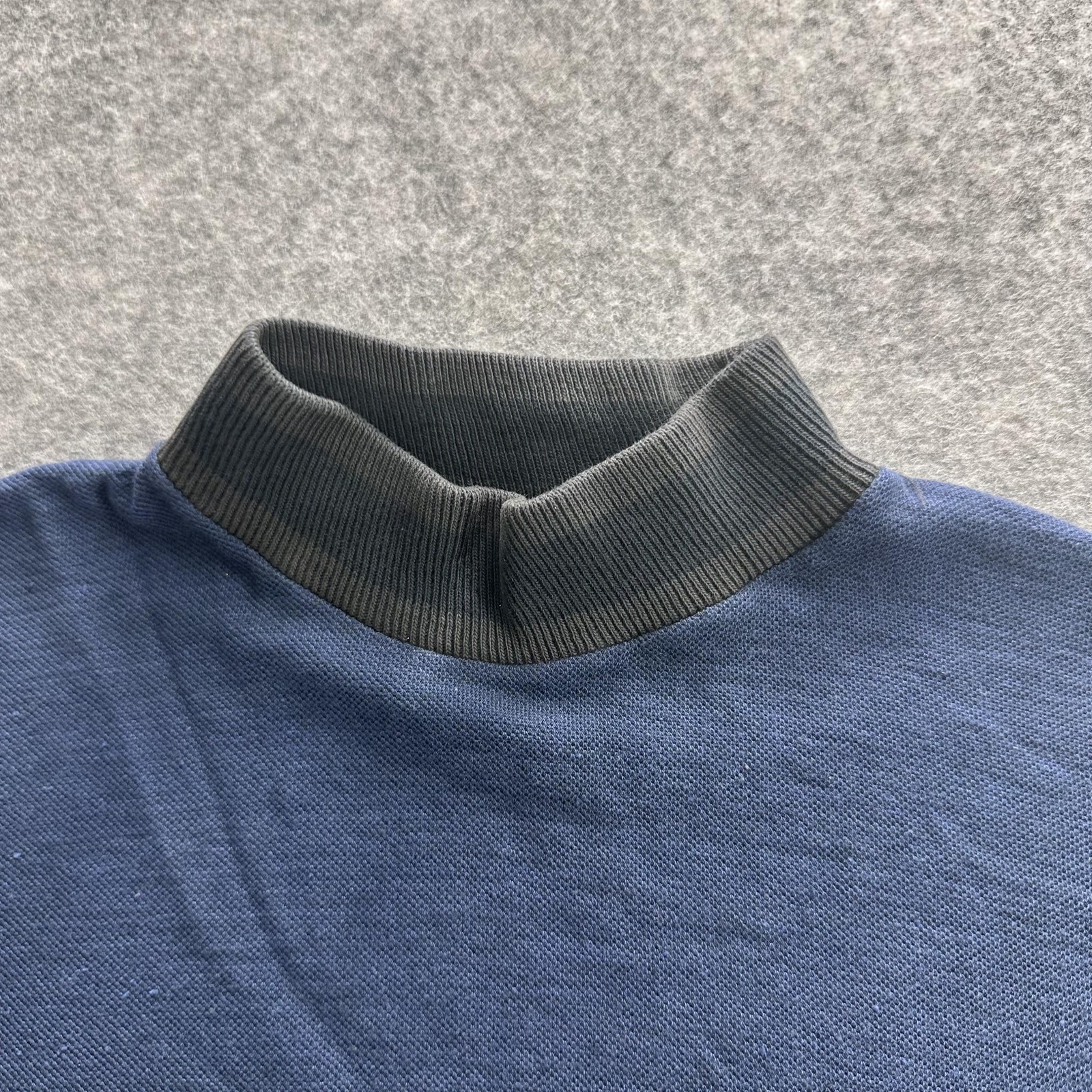 Shirt Mens Medium Navy Gray Mock Neck Short Sleeve Rib Collar Casual Knit Basic gallery