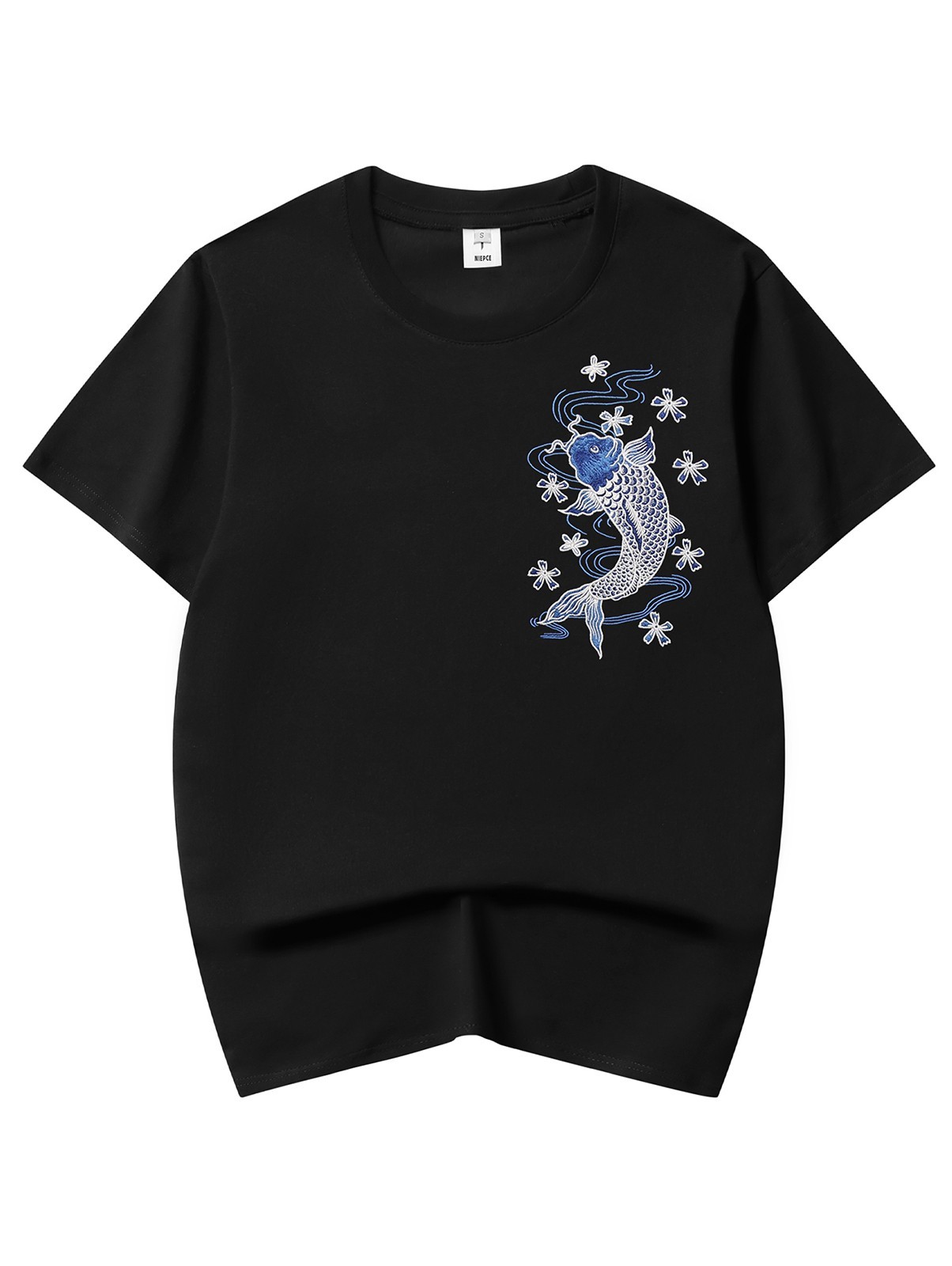 Niepce Japanese Streetwear Embroidery T-shirt Blue Koi Graphic Tee for Men gallery