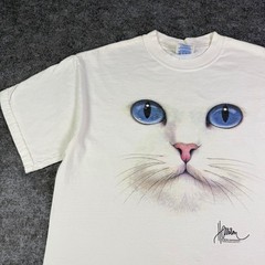 Bob Harrison White Cat Face Graphic T-Shirt Blue Eyes Vintage M&O Knits White M