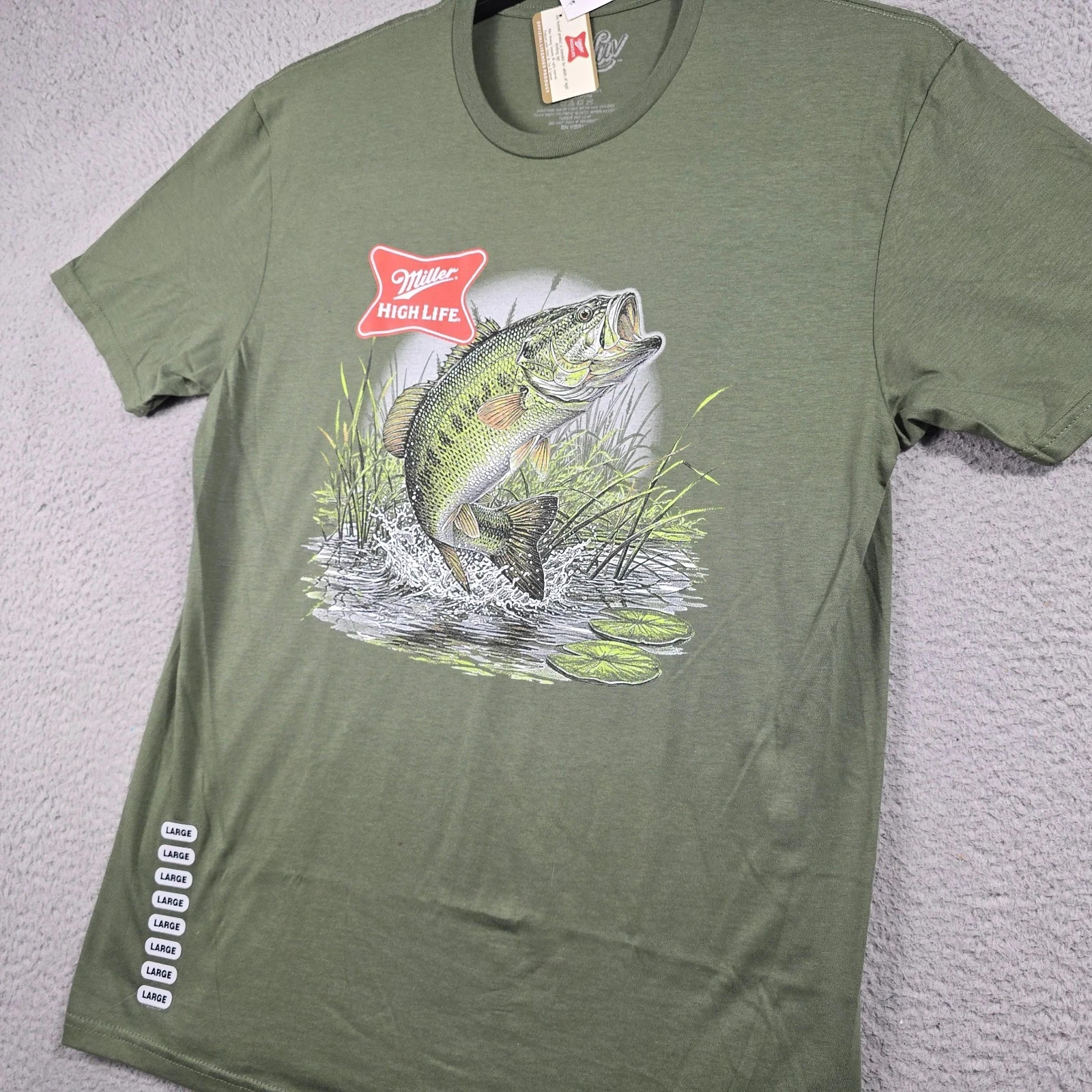 MILLER HIGH LIFE Beer Shirt Men Large Green Fishing Hunting Casual Fish Bass NWT gallery