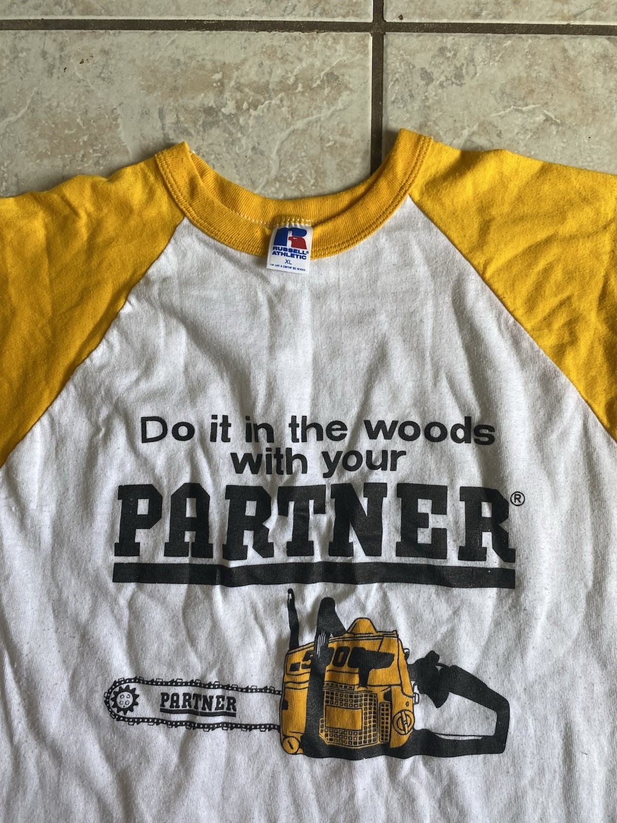 Vintage 1970’s 80’s Partner Chainsaws Workwear Sex Joke russel Ringer Tee Shirt