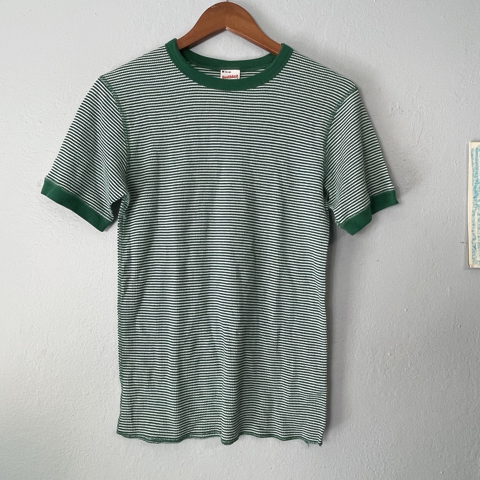 Healthknit Short Sleeve Thermal Waffle Knit Tee Shirt Medium Green White gallery