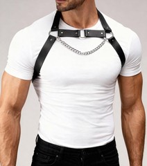 Men’s Adjustable Faux Leather Chest Harness Belt with Alloy Chain, Gothic Pun…