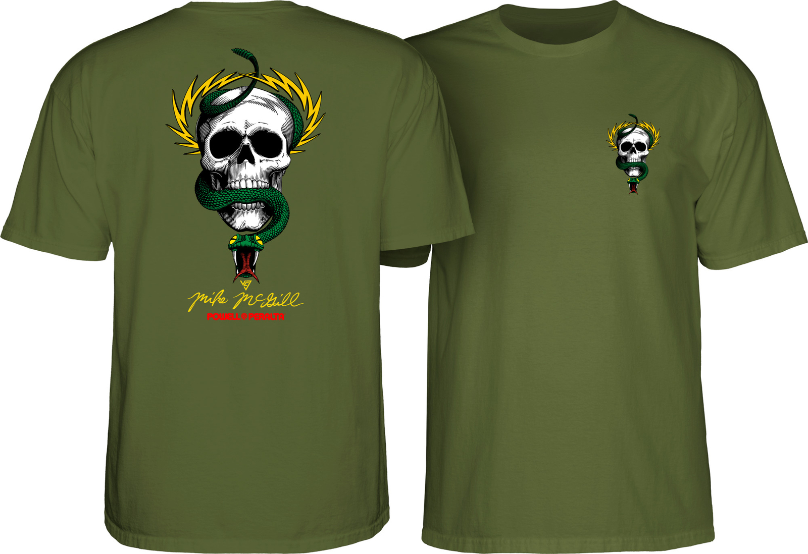 Powell Peralta Mike McGill SKULL AND SNAKE Skateboard T Shirt MILITARY GREEN gallery