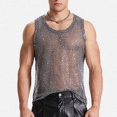 For Men Sexy Mesh Vest Grey Glitter Sheer See Through Fishnet Tank Top