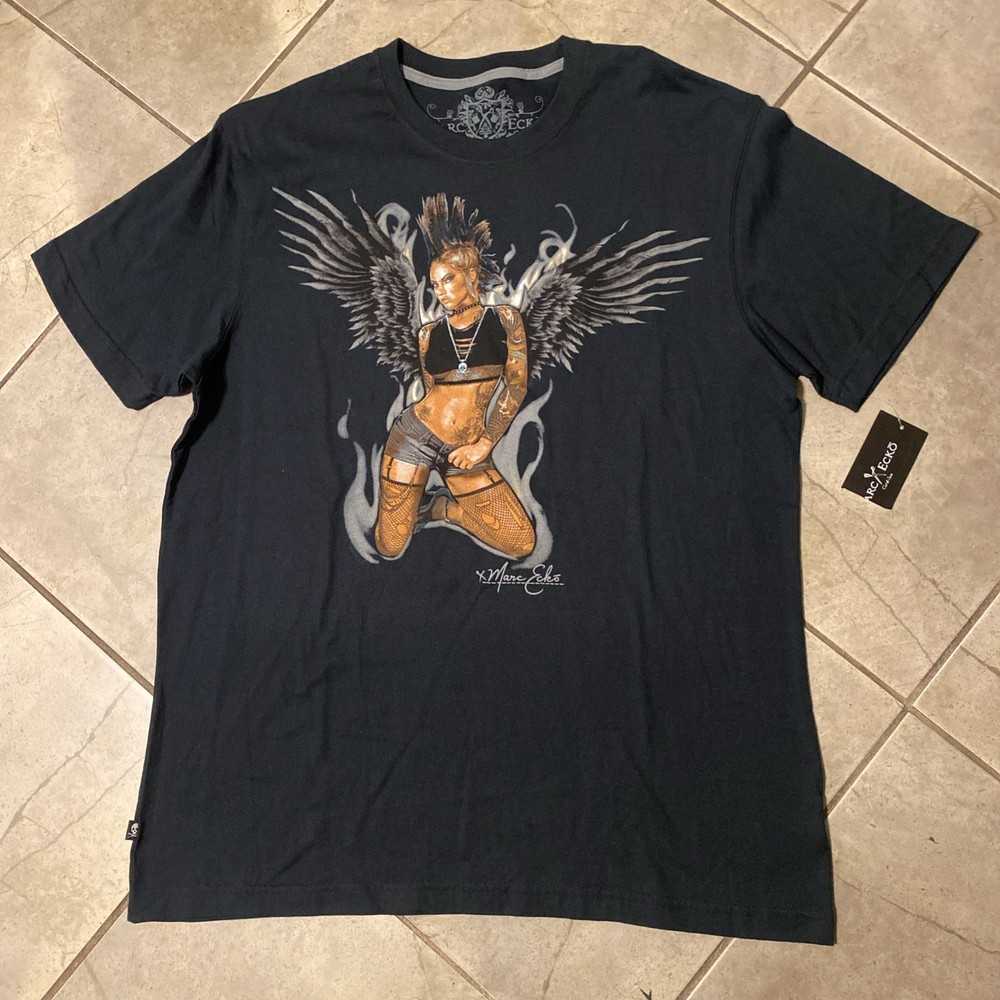 Vintage Y2K Marc Ecko Chick Angel Baddie Cut & Sew T-Shirt Black AOP Men’s XL