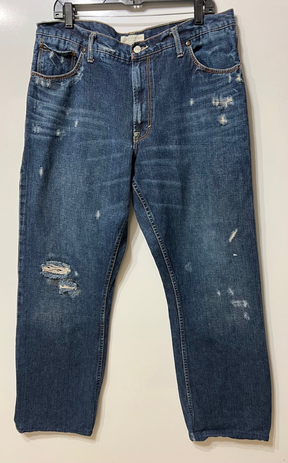 American Eagle Men Denim Jeans Boot Cut Blue 100% Cotton 36 X 31 Distressed gallery
