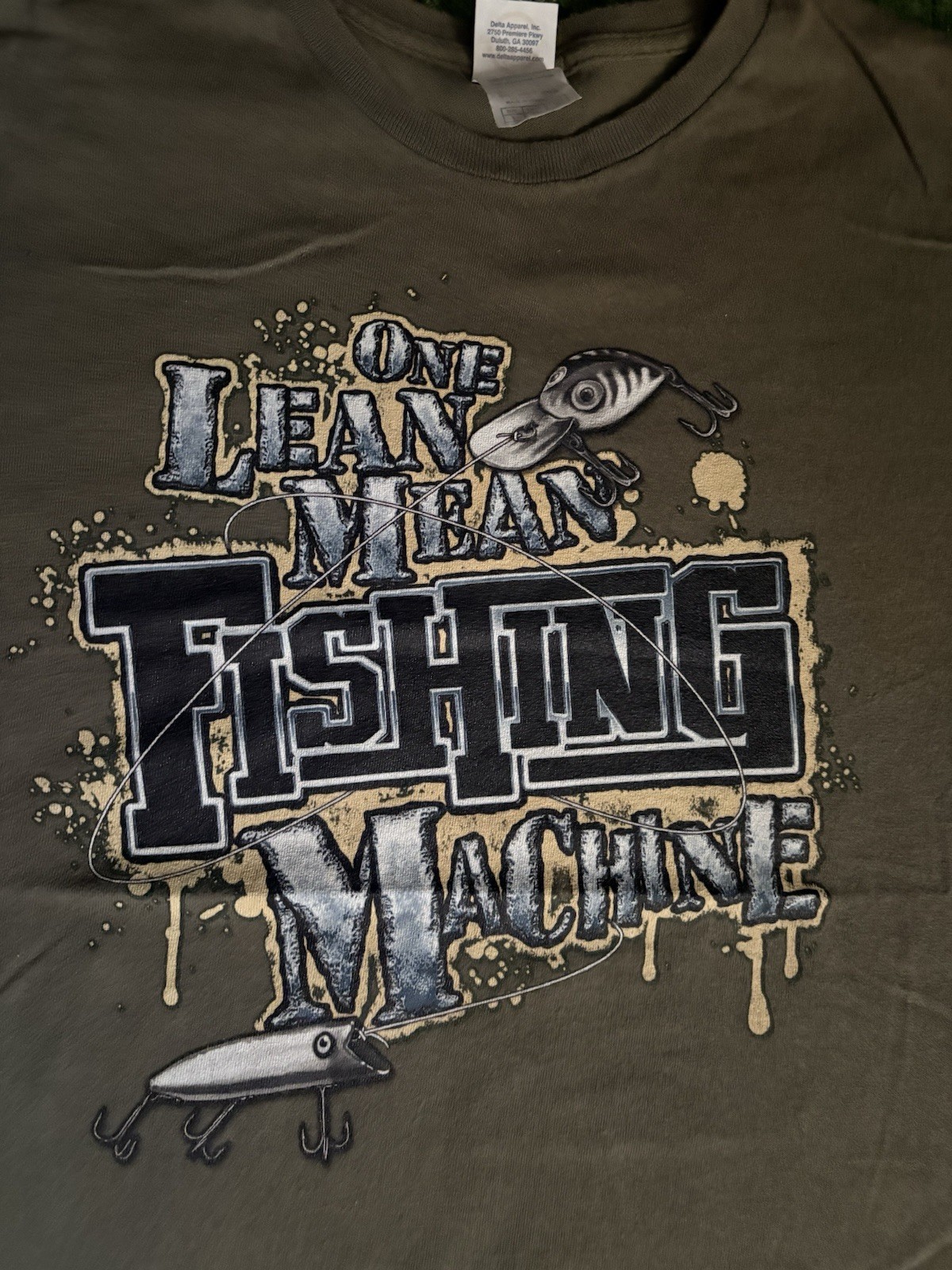 Vintage Funny Fishing T shirt Size L One Lean Fishing Machine Graphic Green gallery
