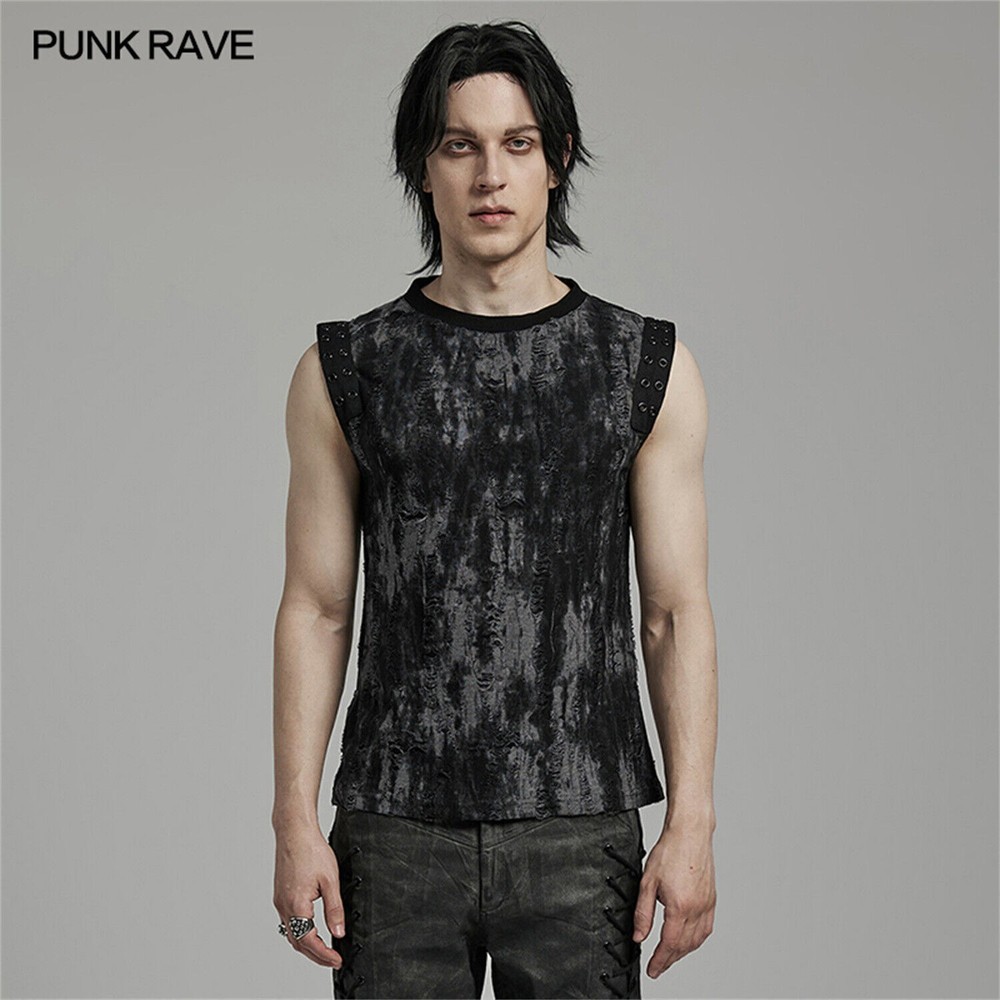 PUNK RAVE Men Gray Gothic Punk Decadent Daily Fitted Tank Top Sleeveless Shirt