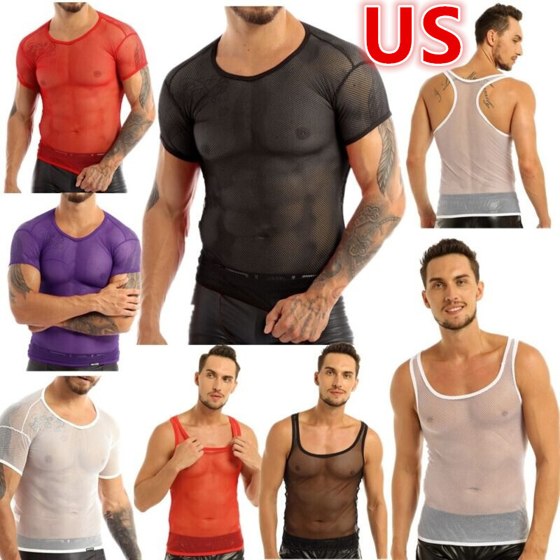 US Mens Mesh Sheer See Through Fishnet T-Shirt Casual Sexy Lingerie Top Clubwear gallery