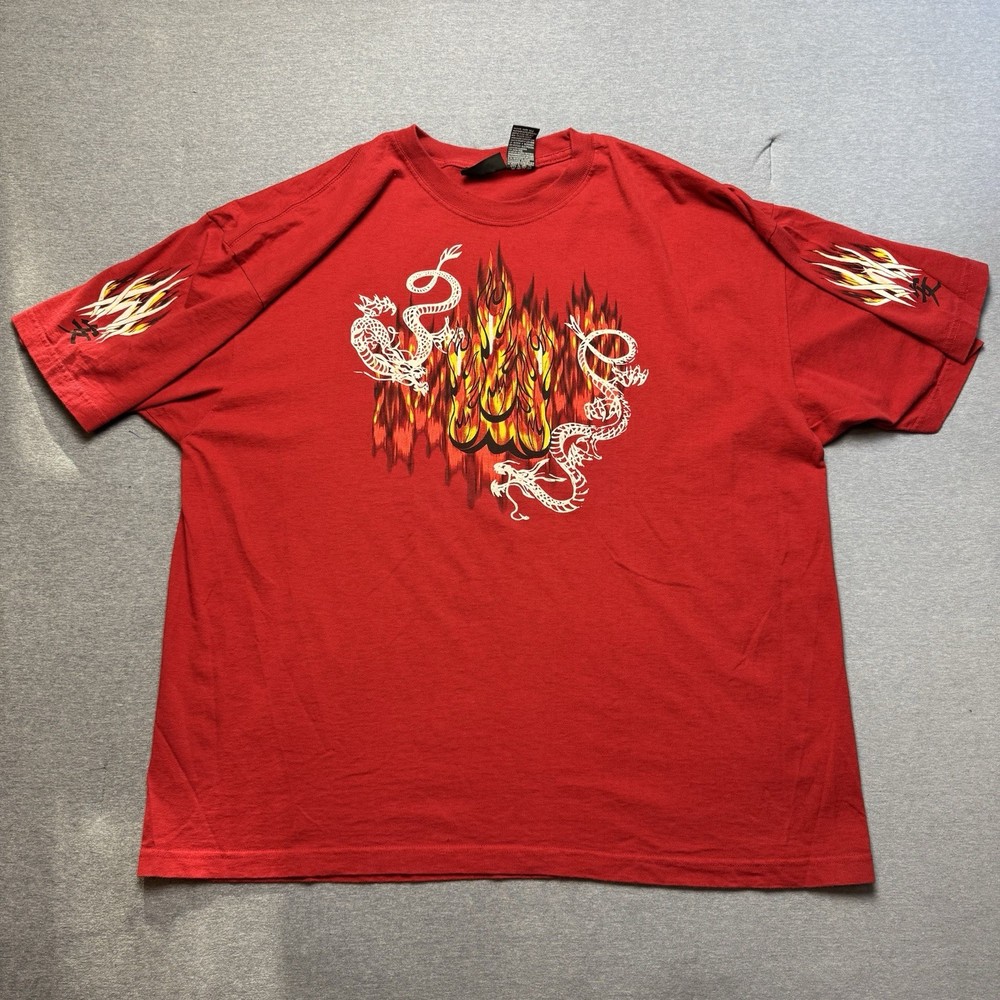 No Boundaries white dragon fire graphics red t shirt Men Size 2XL