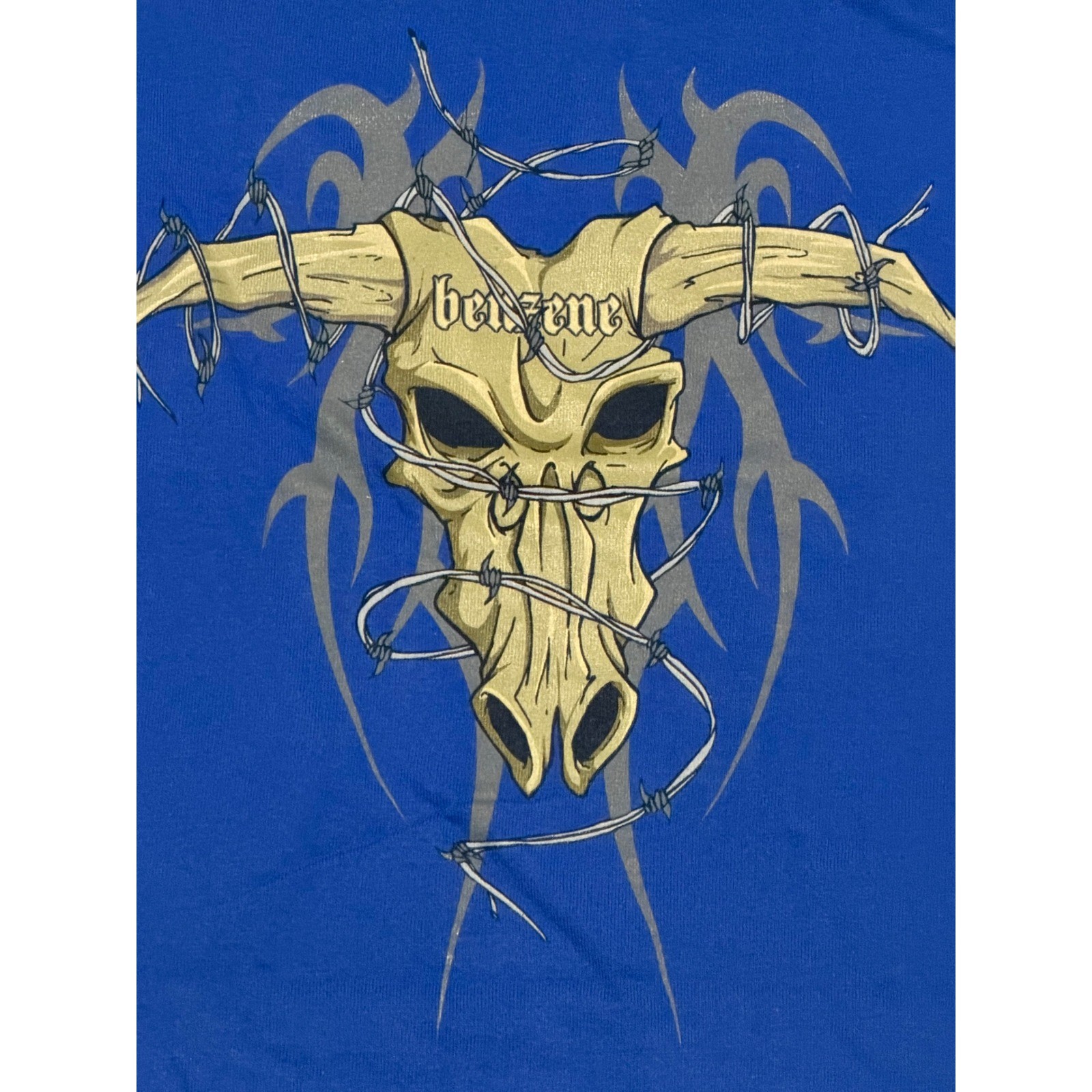 VTG Diamond Star Mens Graphic T-Shirt Blue Bull Skull Barbed Wire Benzene Large gallery