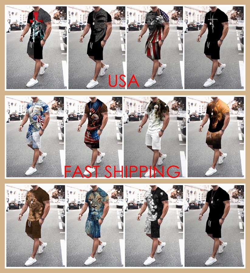 Fashion T-Shirt Men Sport Short Sleeve Graphic Tee & Drawstring Shorts Pants Set
