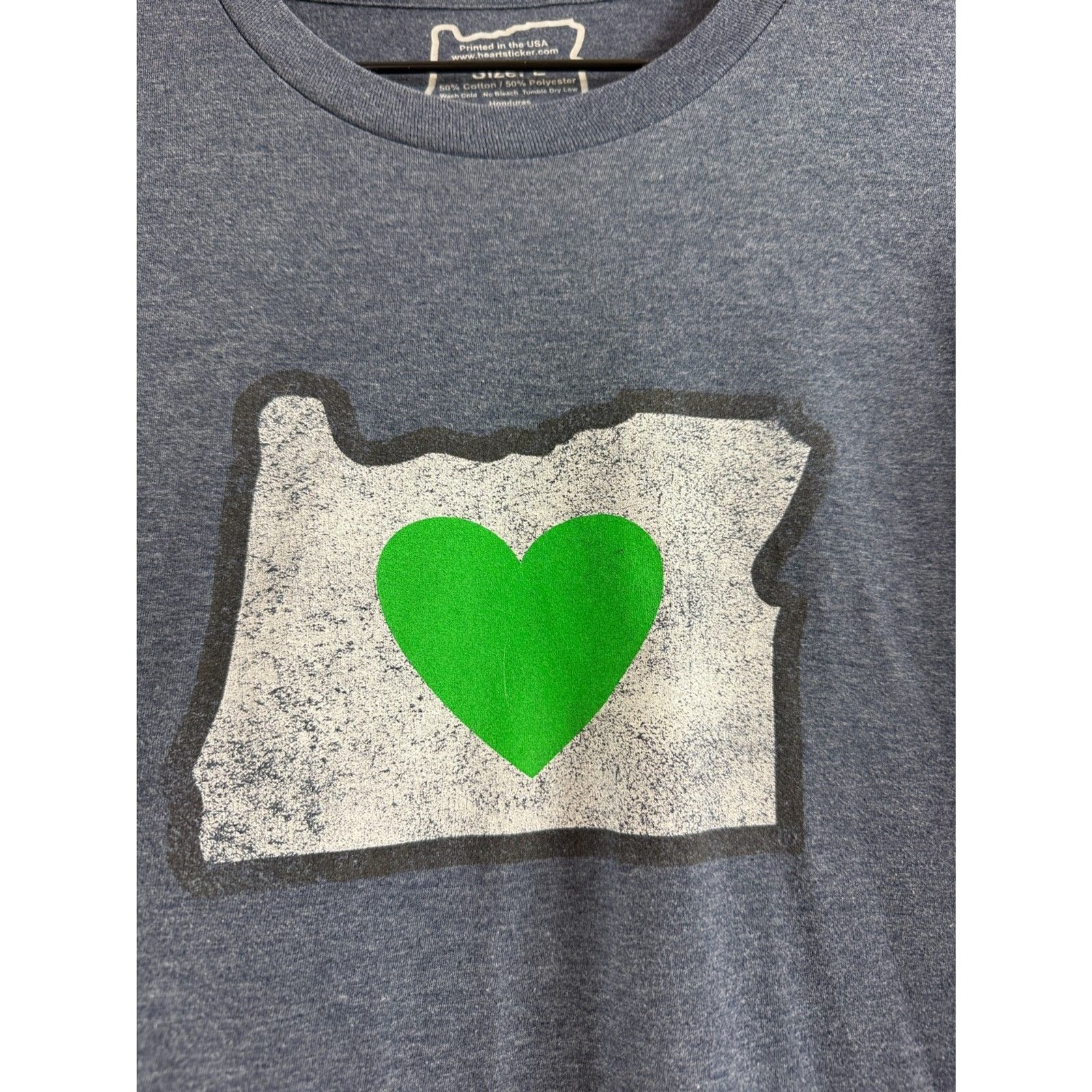 Love Oregon Green Heart Heather Blue Cotton Poly Blend T Shirt Adult Size L gallery
