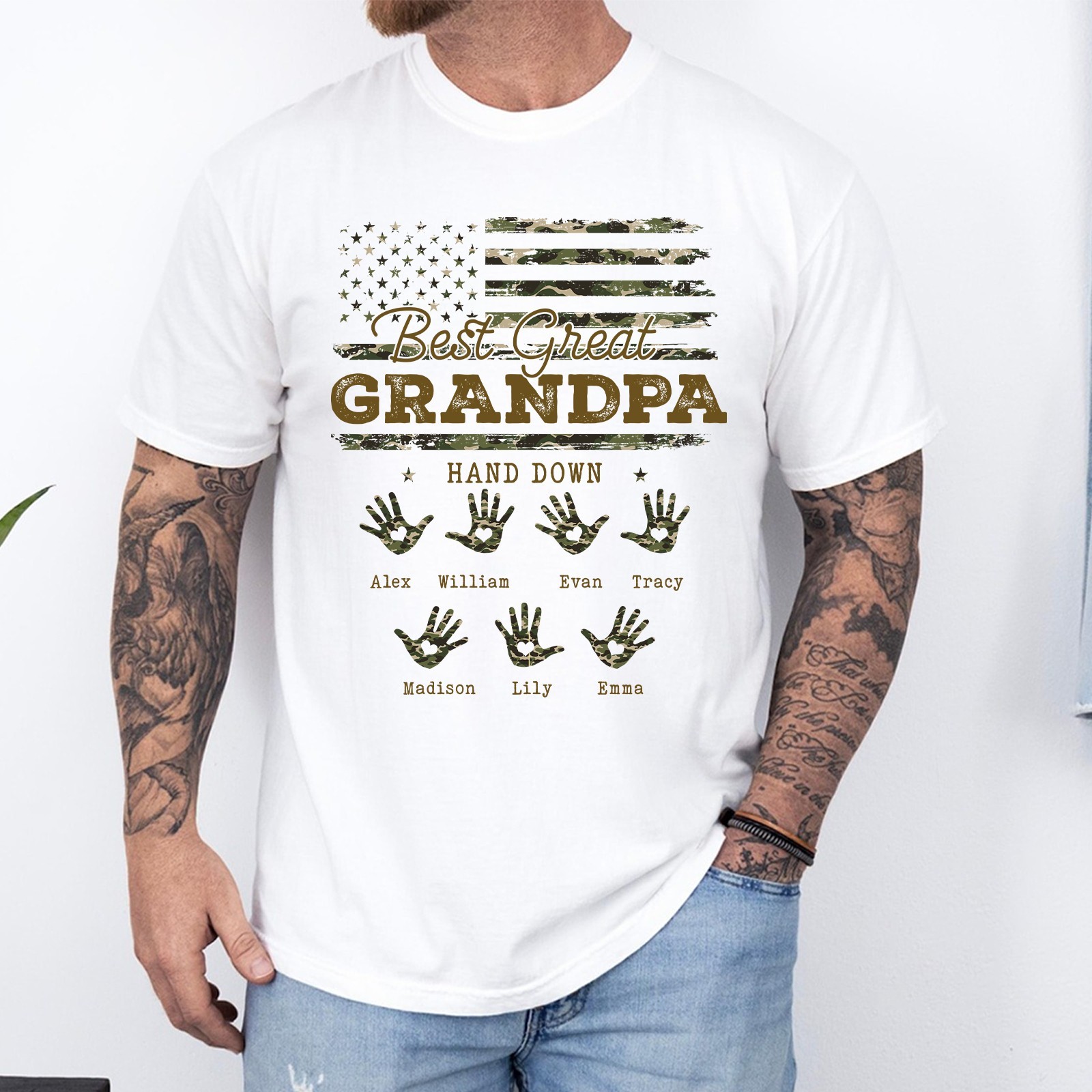 Personalized Best Grandpa Shirt Grandkids Name Handprint Military Fathers Gift
