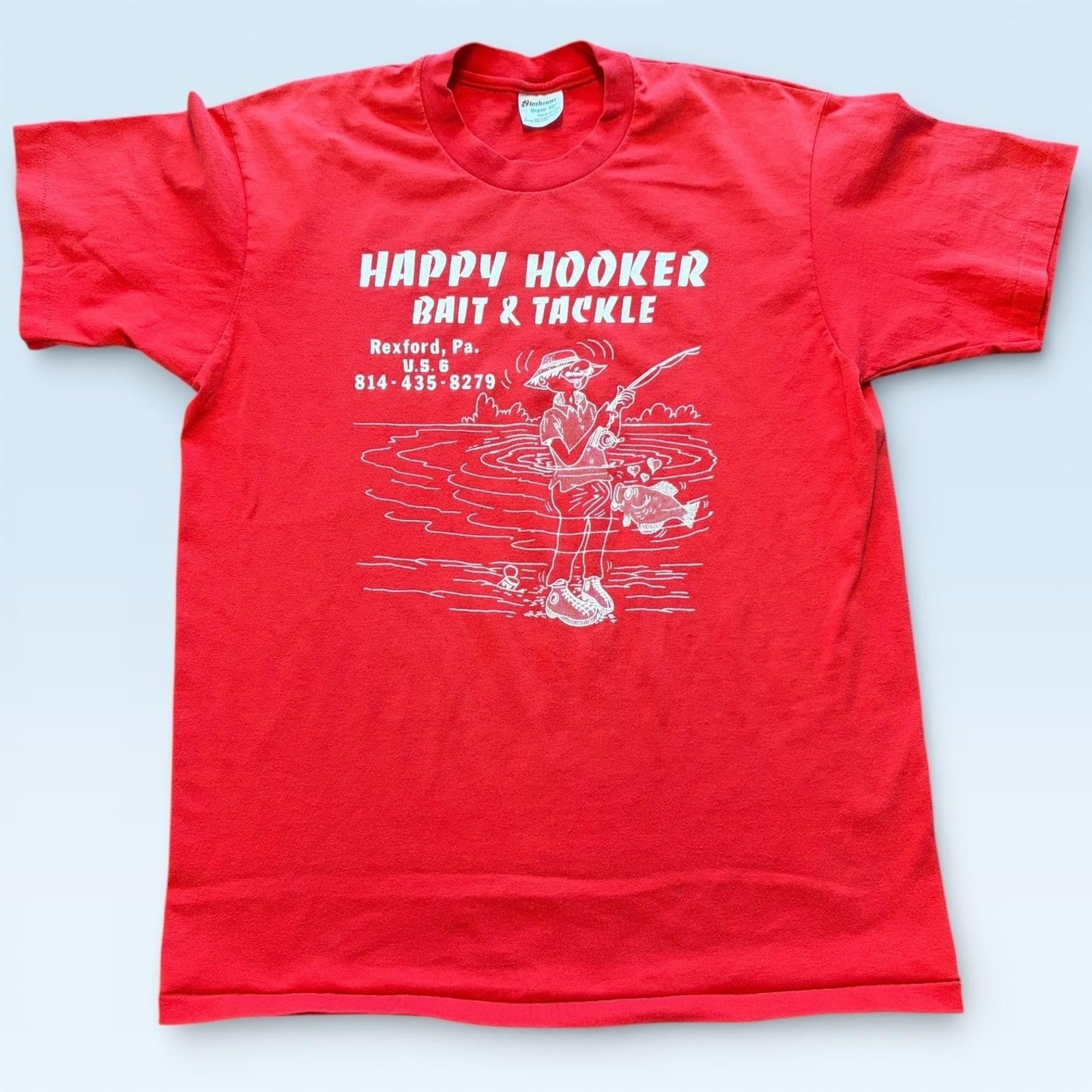 Vintage Stedman Happy Hooker Bait & Tackle Shirt Mens Large Red Fishing 80s