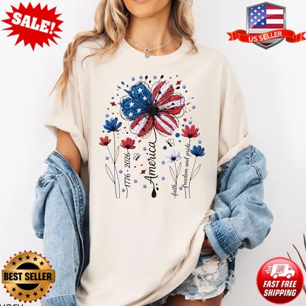 USA 250th Anniversary Floral T-Shirt Patriotic Wildflower T-Shirt (Up to 5XL)