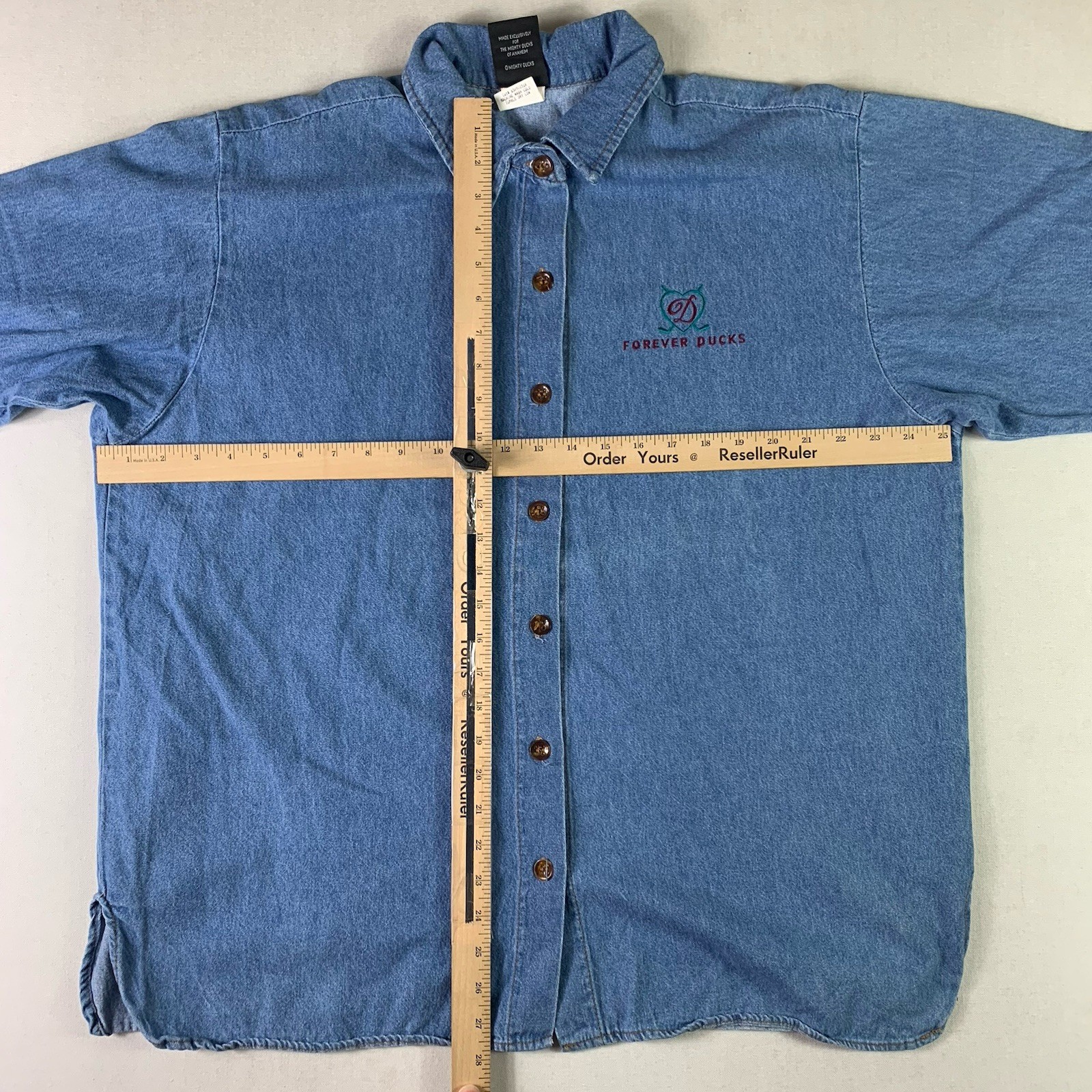 vtg 90s Mighty Ducks Original Produck Shirt Chambray Mens Large Blue Made in USA gallery