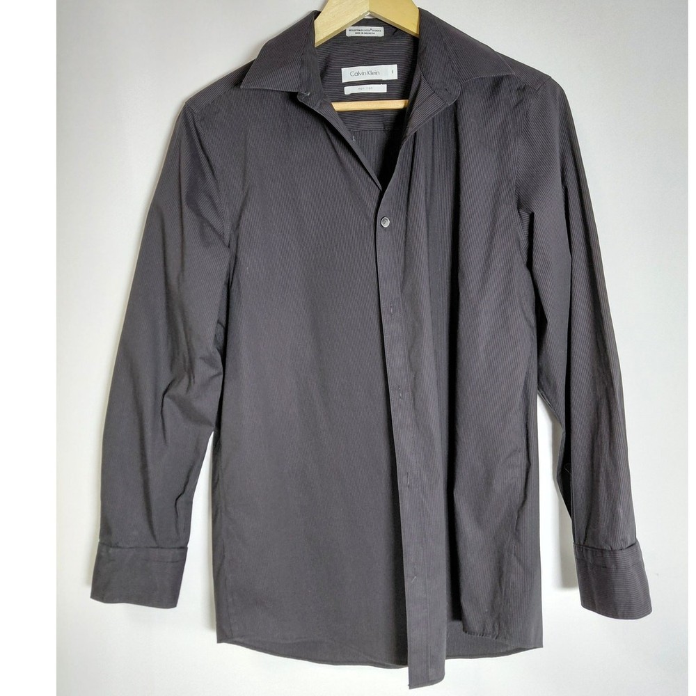 Calvin Klein Non Iron Button-Up Shirt Gray Solid Knit Long Sleeve Men Size S
