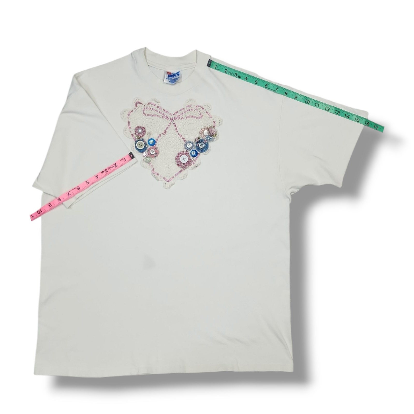 Vintage Hanes Beefy-t Crochet Heart Button Lace White 90's T-Shirt Unisex XL gallery