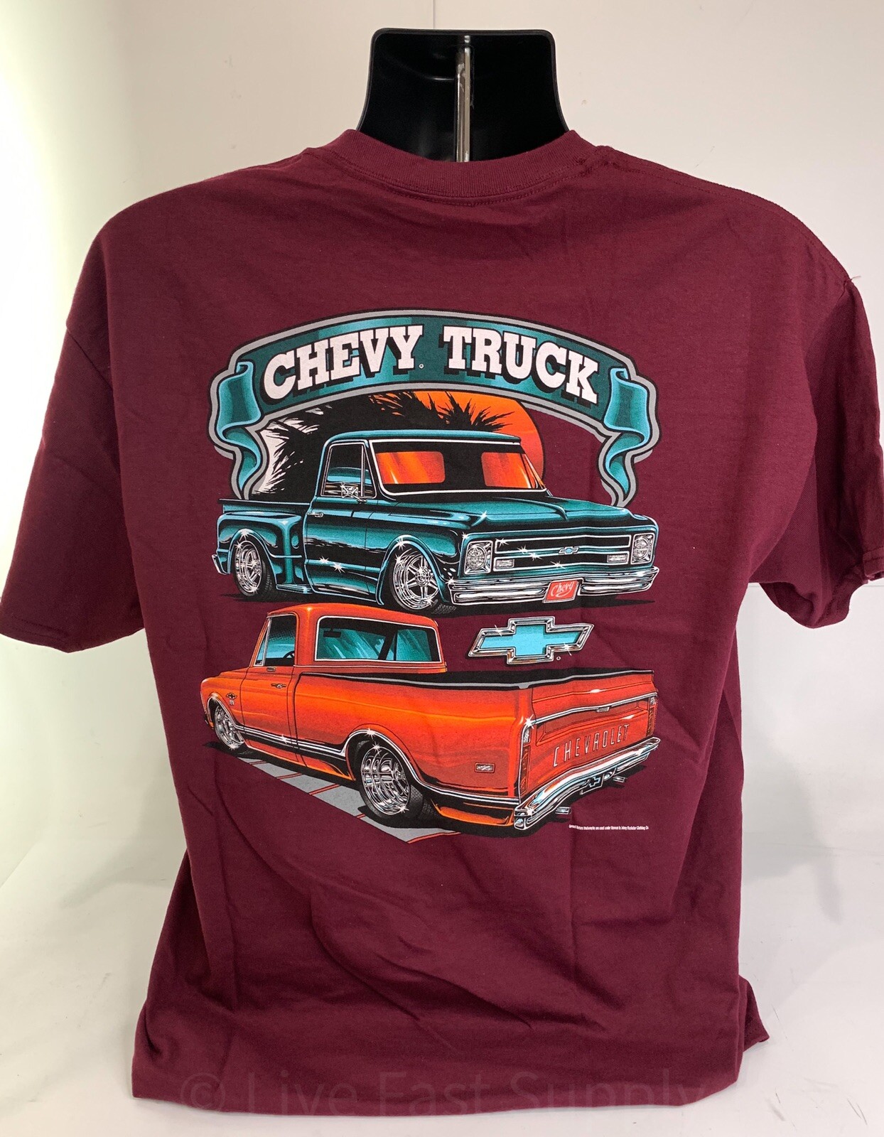 1967-72 Chevy C10 Pickup T-Shirt - Maroon w/ Orange & Teal Trucks (Licensed) gallery