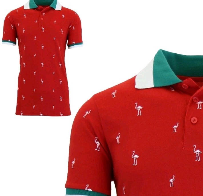 Men's Short Sleeve Red Shirt With Collar Flamingo Pattern Cotton-Blend NEW gallery