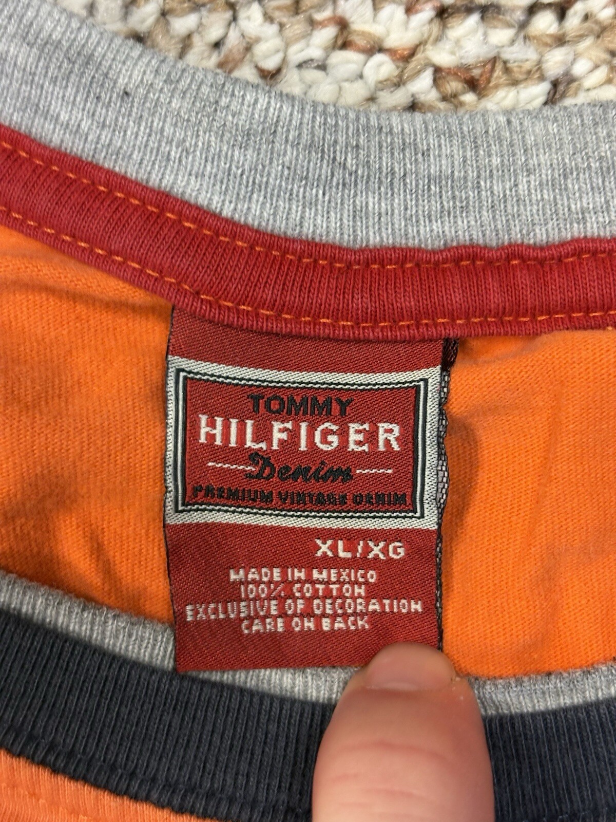 Vintage Tommy Hilfiger Denim Burnt Orange T-Shirt Raised Lettering • Size XL gallery