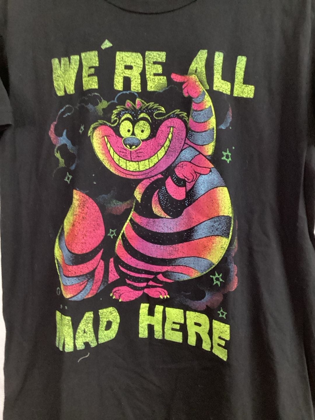 Disney Alice In Wonderland Cheshire Cat We're All Mad Here Neon Graphic T-Shirt gallery