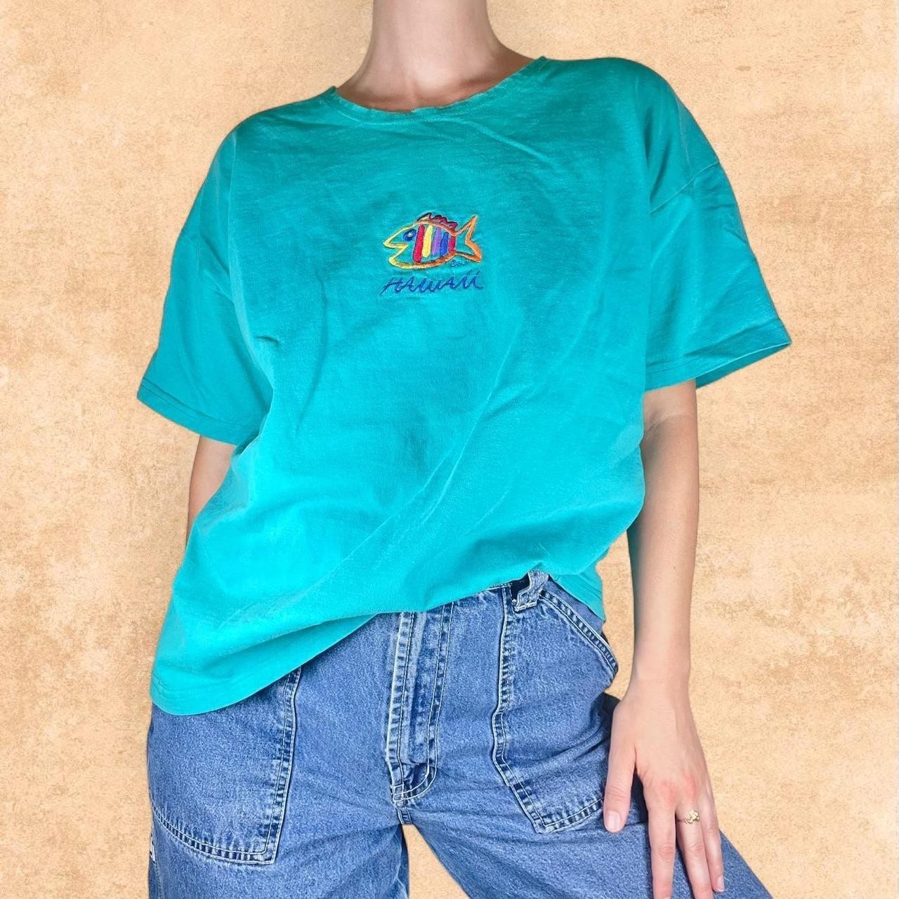 Vintage 90s Hawaii Embroidered T-Shirt Teal Fish Graphic Beach Made in USA XL gallery