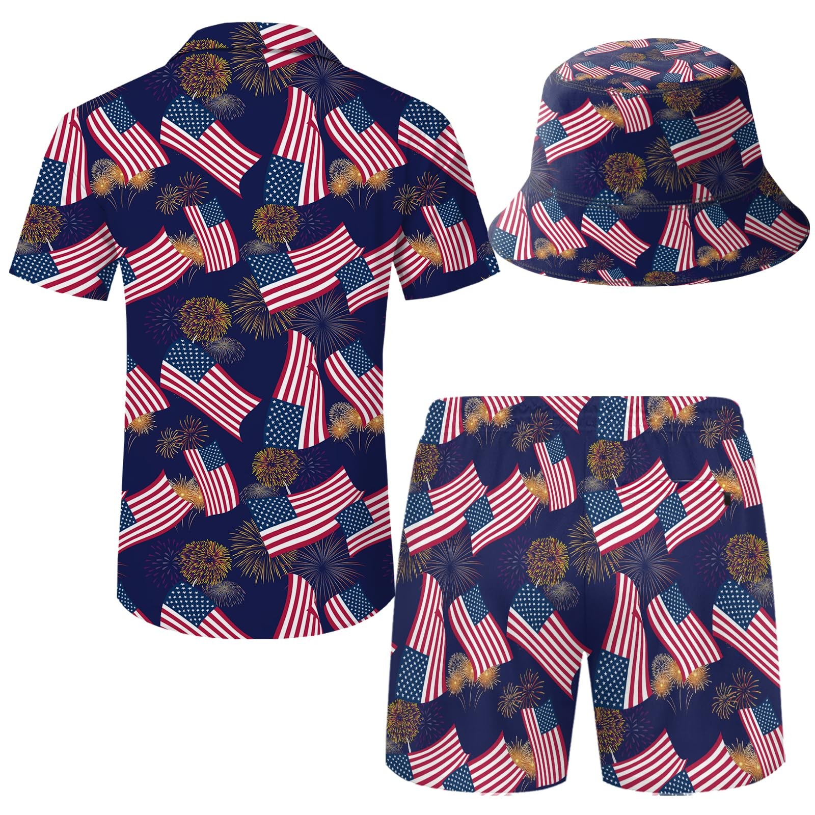 Men's American Flag Hawaiian Shirt and Short Set 2 Piece Patriotic USA Outfit... gallery
