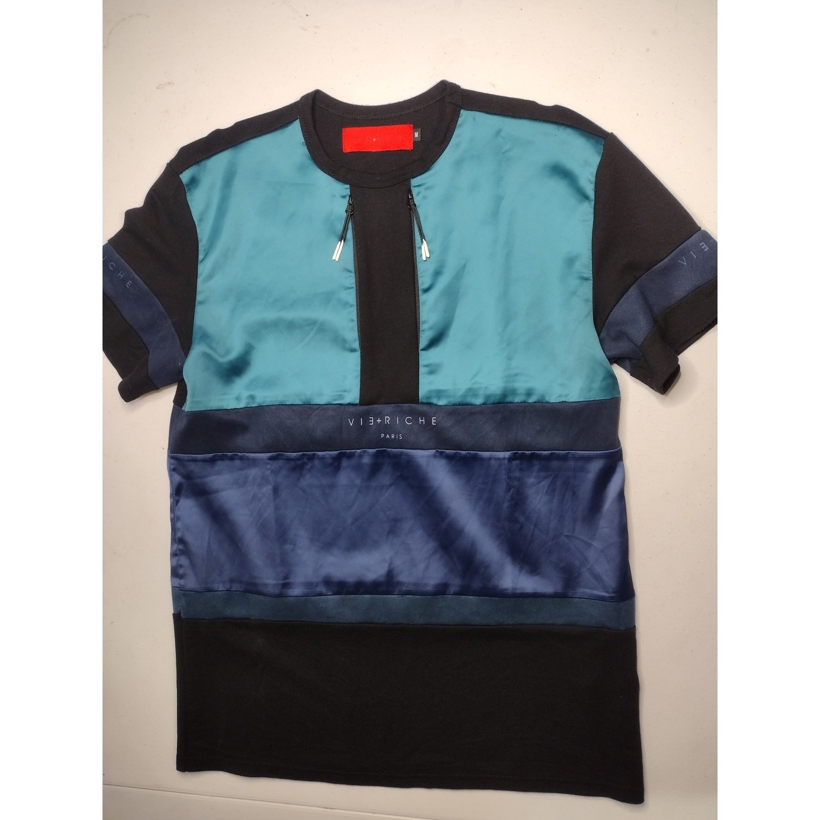 Vie Riche Paris Mens Multi-Panel Colorblock Zipper T-Shirt Black Teal Blue M gallery