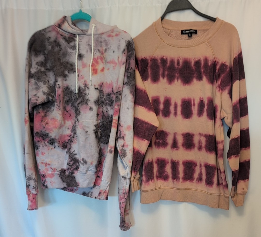 2 M colorful tie dye long sleeves: 1 ease of motion shirt 1 hanes hoodie