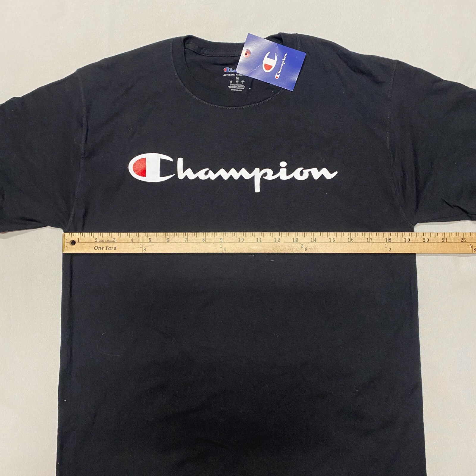 Champion Short Sleeve T-Shirt Velour Spellout Logo Men Medium Black Trendy Crew gallery