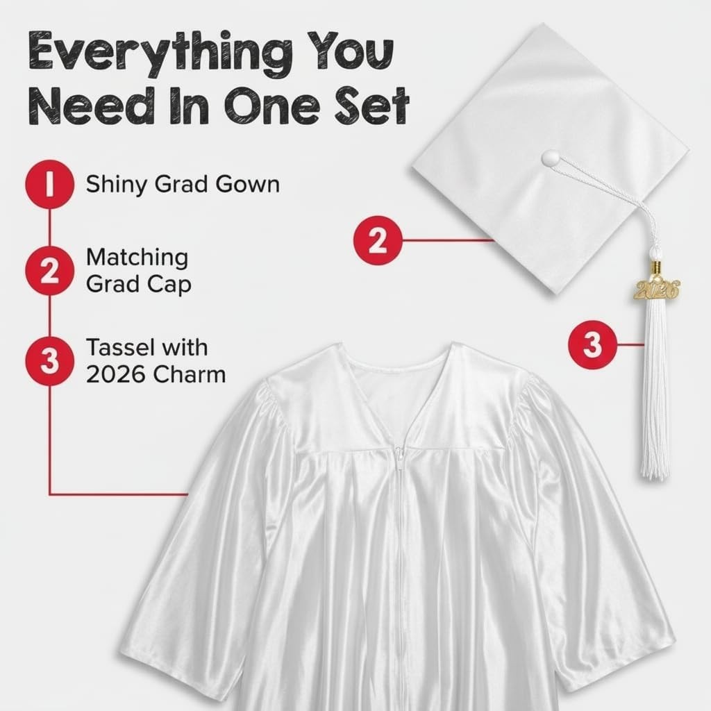 Medium White Shiny Child Graduation Cap, Gown, Tassel and 2026 Charm Set, Kin... gallery